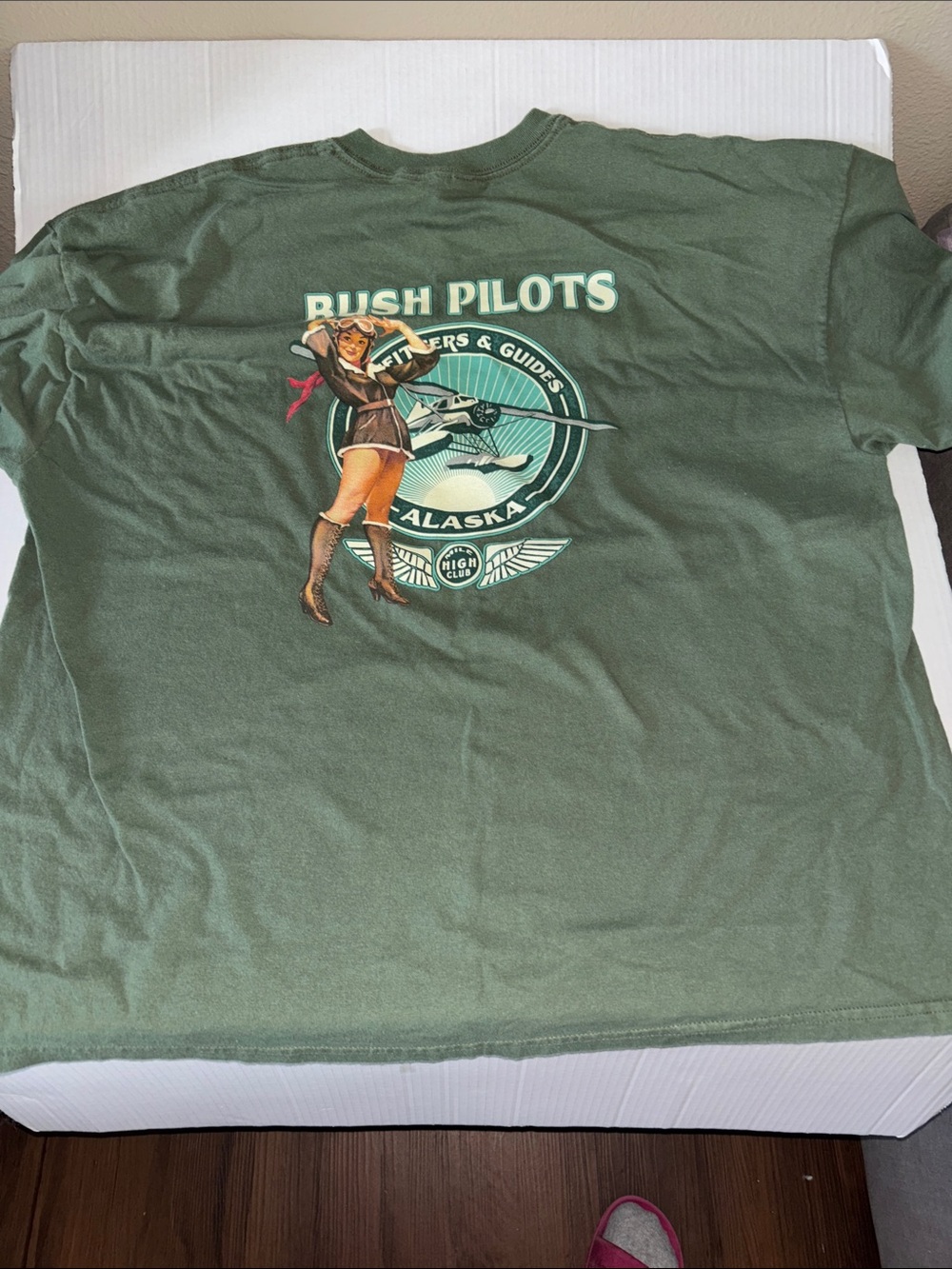 Gildan Men’s Swim Tee - Olive Green with Retro Pilot Graphic